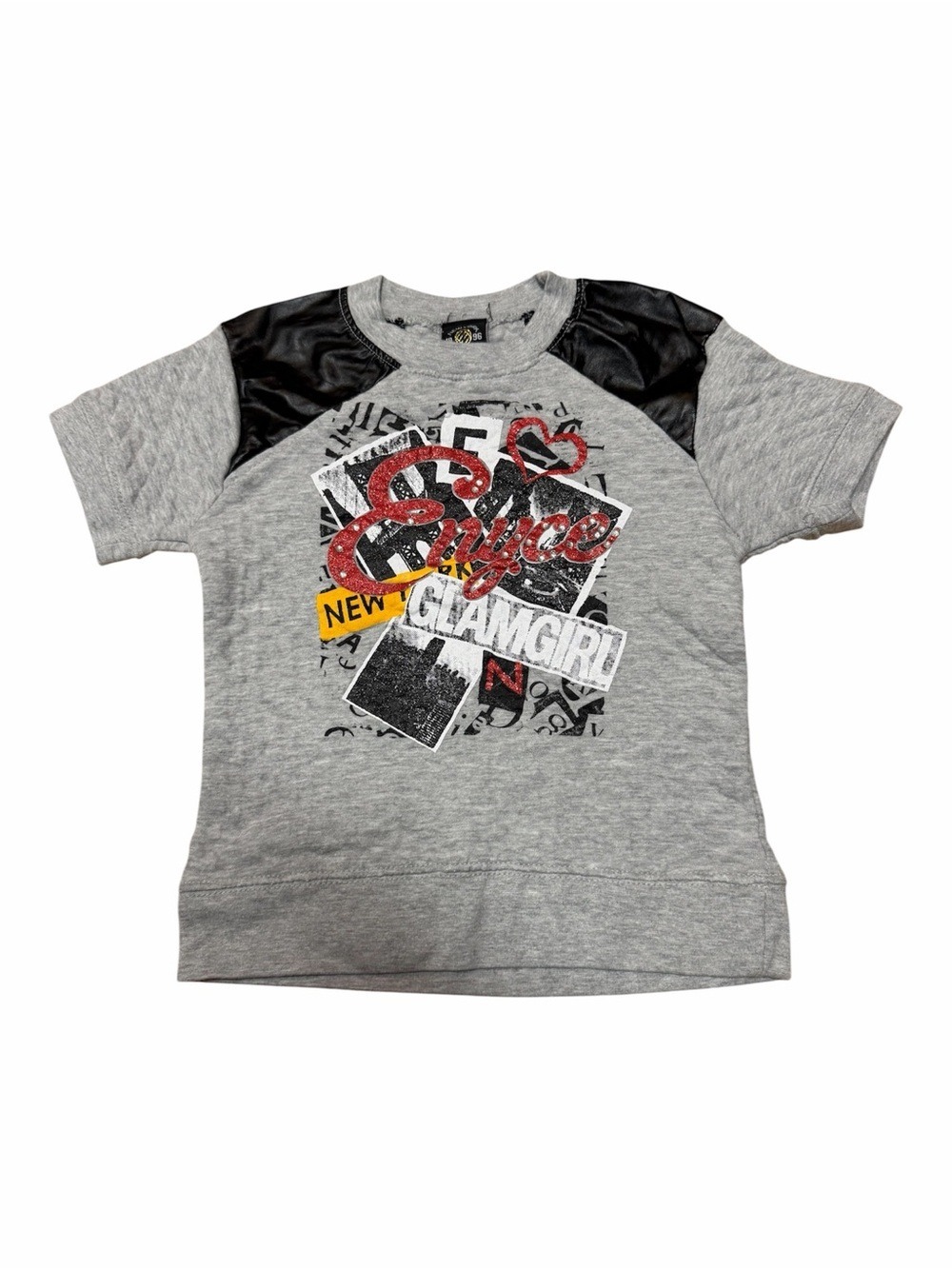 Enyce Girls 14/16 Heather Gray Graphic Faux Leather Shoulder Short Sleeve Top